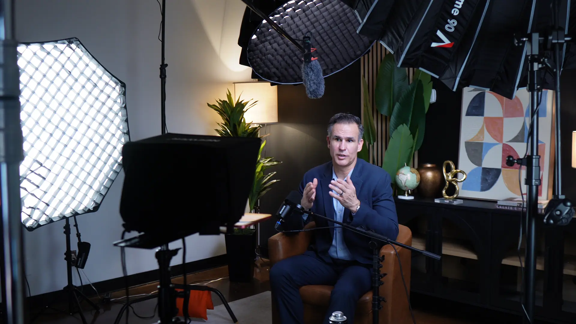 Business owner being filmed on a professional content set